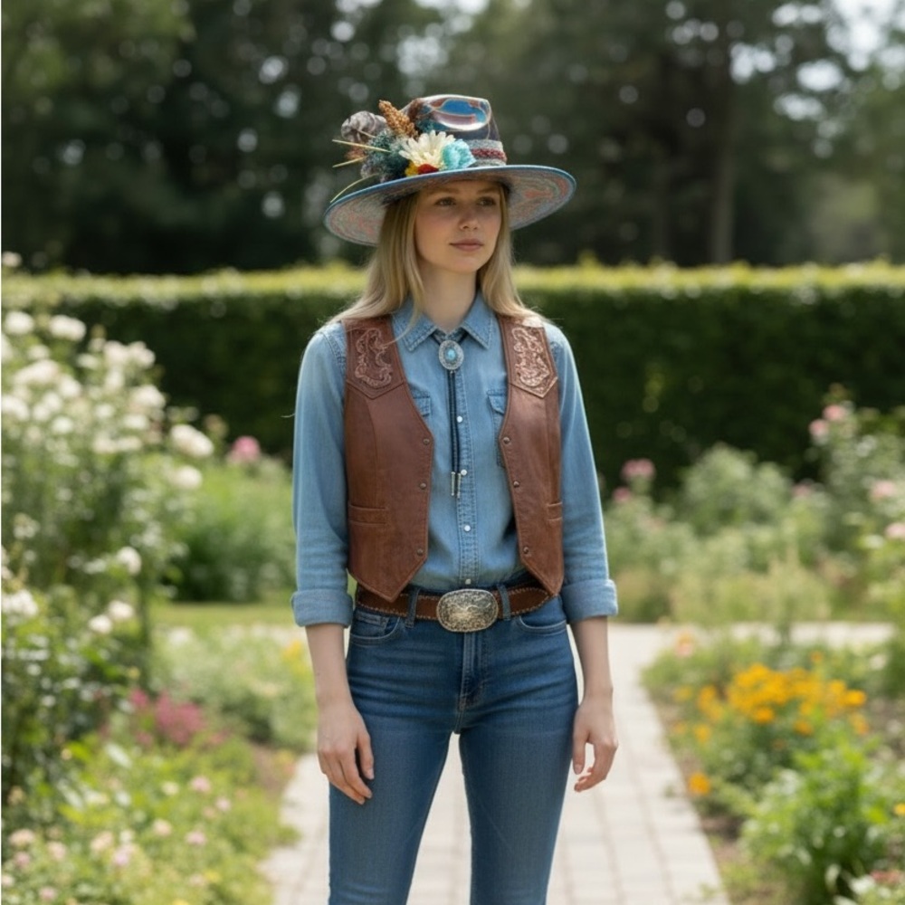 Hand Painted Western Cowgirl Hat | Turquoise & Red | Feather Size 7